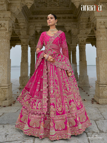 Pink Raw Silk Bridal Wedding Lehenga Set with Heavy Net Dupatta - AA149